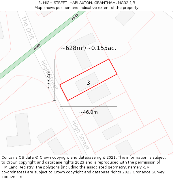 3, HIGH STREET, HARLAXTON, GRANTHAM, NG32 1JB: Plot and title map
