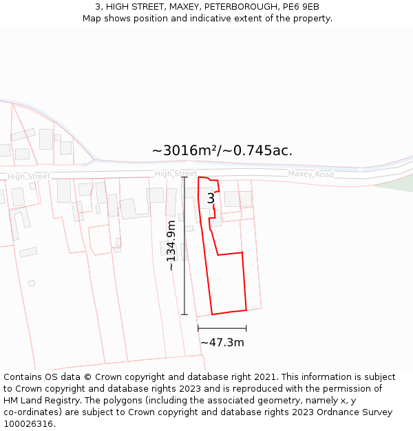 3, HIGH STREET, MAXEY, PETERBOROUGH, PE6 9EB: Plot and title map