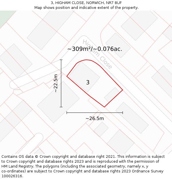 3, HIGHAM CLOSE, NORWICH, NR7 8UF: Plot and title map