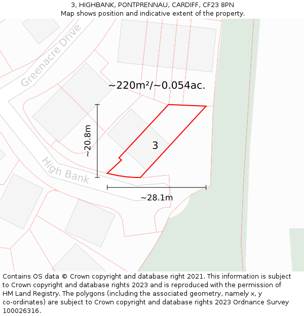 3, HIGHBANK, PONTPRENNAU, CARDIFF, CF23 8PN: Plot and title map