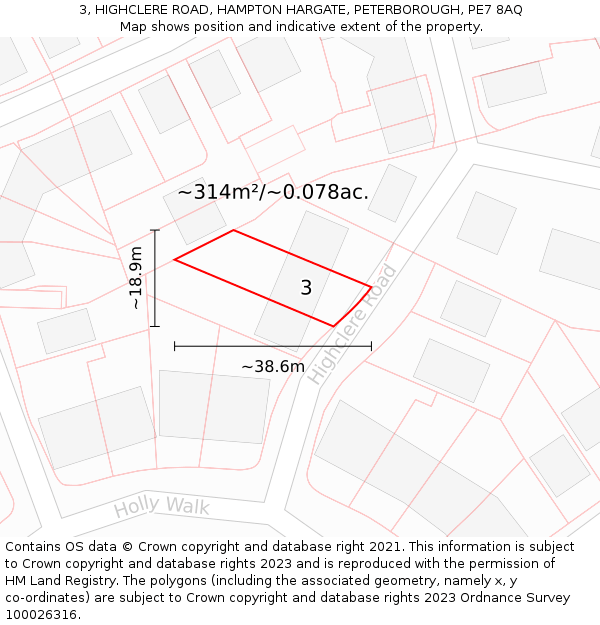 3, HIGHCLERE ROAD, HAMPTON HARGATE, PETERBOROUGH, PE7 8AQ: Plot and title map