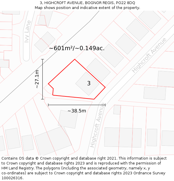 3, HIGHCROFT AVENUE, BOGNOR REGIS, PO22 8DQ: Plot and title map