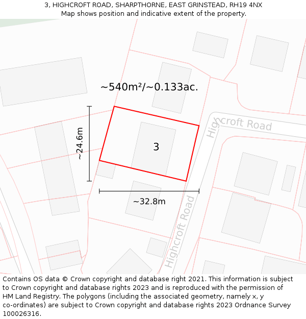 3, HIGHCROFT ROAD, SHARPTHORNE, EAST GRINSTEAD, RH19 4NX: Plot and title map