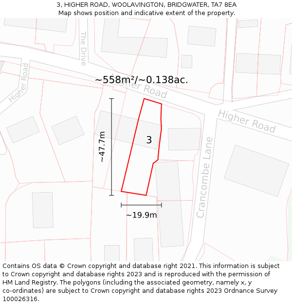 3, HIGHER ROAD, WOOLAVINGTON, BRIDGWATER, TA7 8EA: Plot and title map