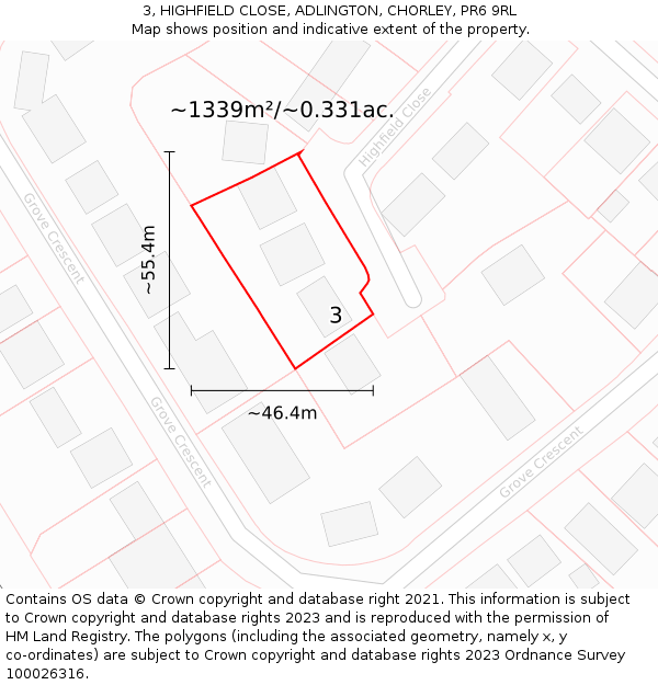 3, HIGHFIELD CLOSE, ADLINGTON, CHORLEY, PR6 9RL: Plot and title map