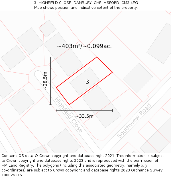 3, HIGHFIELD CLOSE, DANBURY, CHELMSFORD, CM3 4EG: Plot and title map