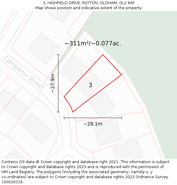 3, HIGHFIELD DRIVE, ROYTON, OLDHAM, OL2 6AF: Plot and title map