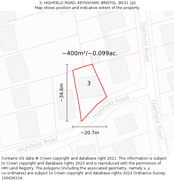 3, HIGHFIELD ROAD, KEYNSHAM, BRISTOL, BS31 1JG: Plot and title map