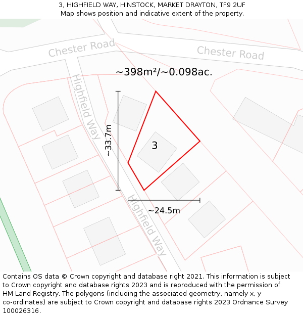 3, HIGHFIELD WAY, HINSTOCK, MARKET DRAYTON, TF9 2UF: Plot and title map