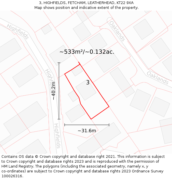3, HIGHFIELDS, FETCHAM, LEATHERHEAD, KT22 9XA: Plot and title map