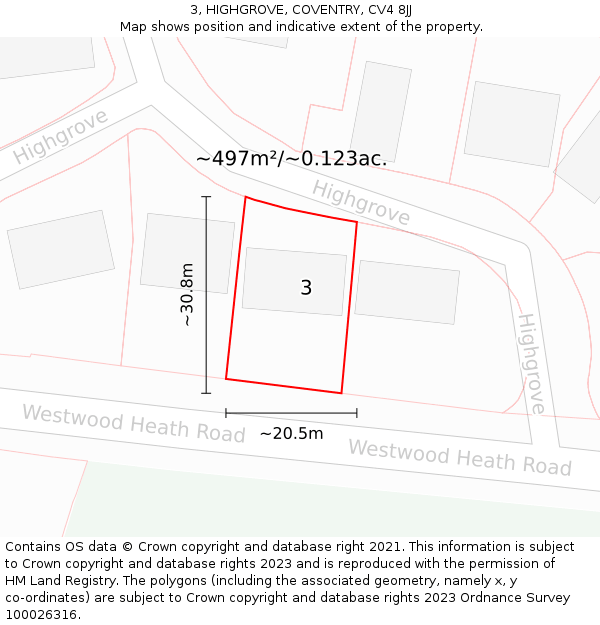 3, HIGHGROVE, COVENTRY, CV4 8JJ: Plot and title map