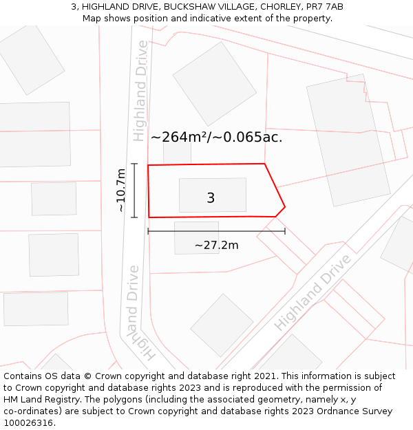 3, HIGHLAND DRIVE, BUCKSHAW VILLAGE, CHORLEY, PR7 7AB: Plot and title map