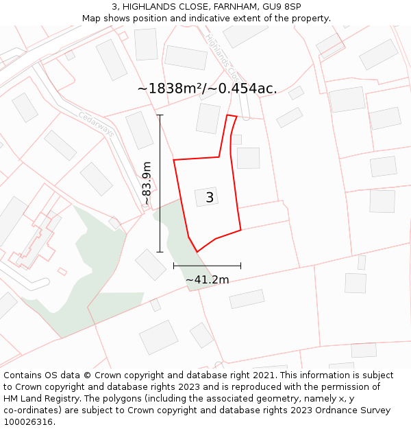 3, HIGHLANDS CLOSE, FARNHAM, GU9 8SP: Plot and title map