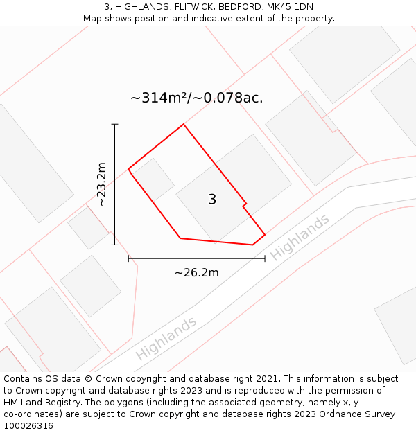 3, HIGHLANDS, FLITWICK, BEDFORD, MK45 1DN: Plot and title map