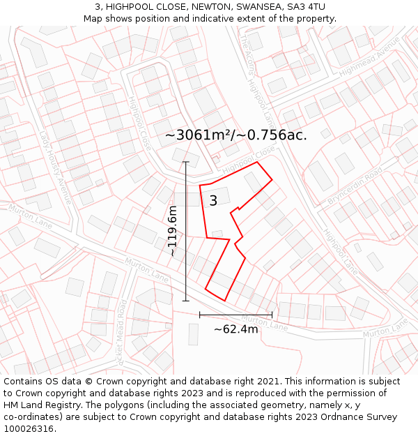 3, HIGHPOOL CLOSE, NEWTON, SWANSEA, SA3 4TU: Plot and title map