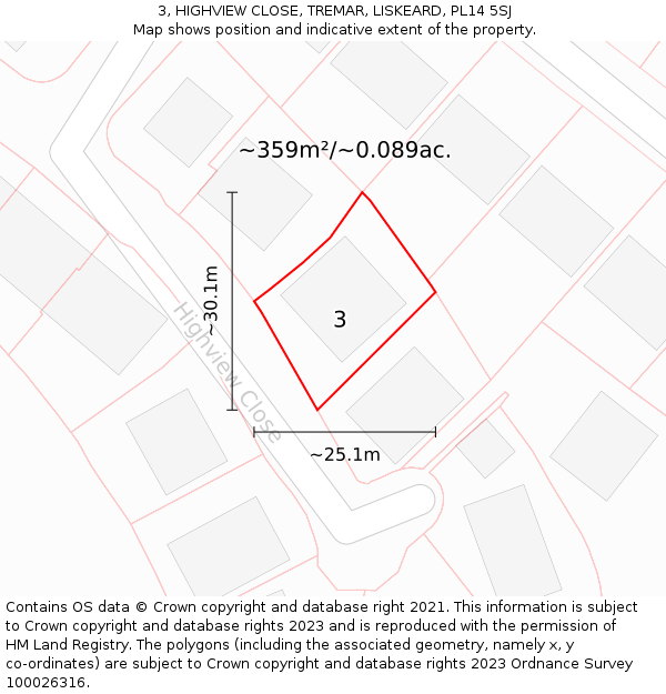 3, HIGHVIEW CLOSE, TREMAR, LISKEARD, PL14 5SJ: Plot and title map