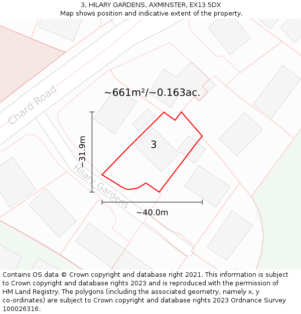 3, HILARY GARDENS, AXMINSTER, EX13 5DX: Plot and title map
