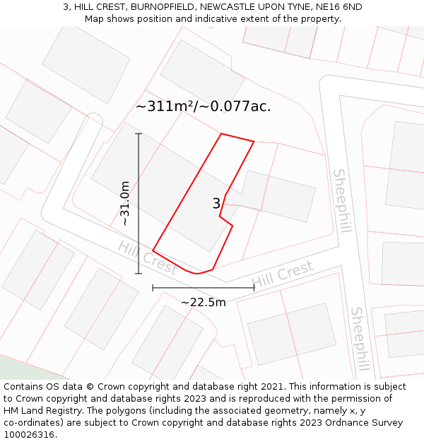 3, HILL CREST, BURNOPFIELD, NEWCASTLE UPON TYNE, NE16 6ND: Plot and title map