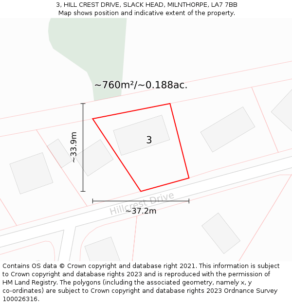 3, HILL CREST DRIVE, SLACK HEAD, MILNTHORPE, LA7 7BB: Plot and title map