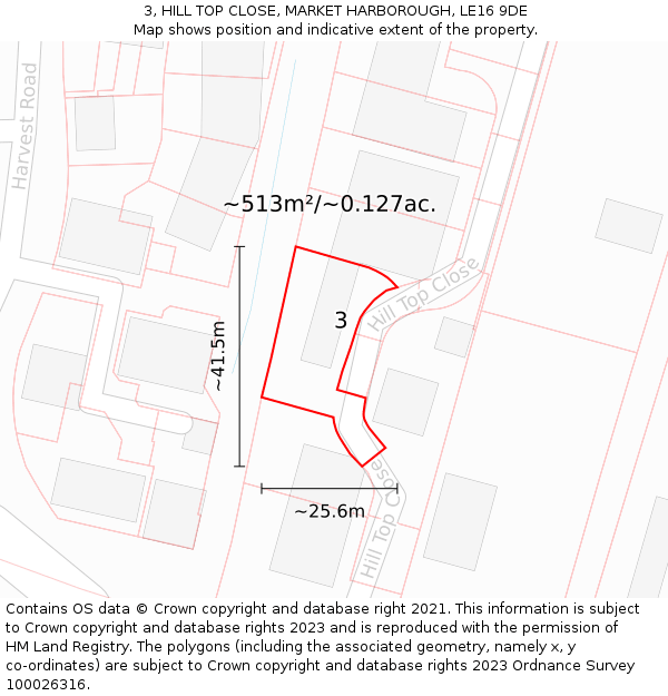 3, HILL TOP CLOSE, MARKET HARBOROUGH, LE16 9DE: Plot and title map