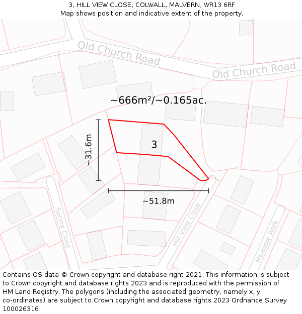 3, HILL VIEW CLOSE, COLWALL, MALVERN, WR13 6RF: Plot and title map