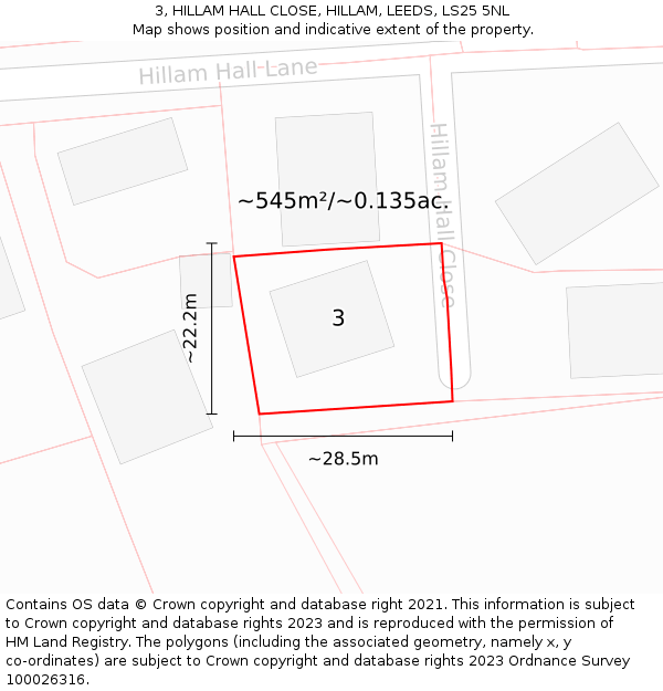 3, HILLAM HALL CLOSE, HILLAM, LEEDS, LS25 5NL: Plot and title map