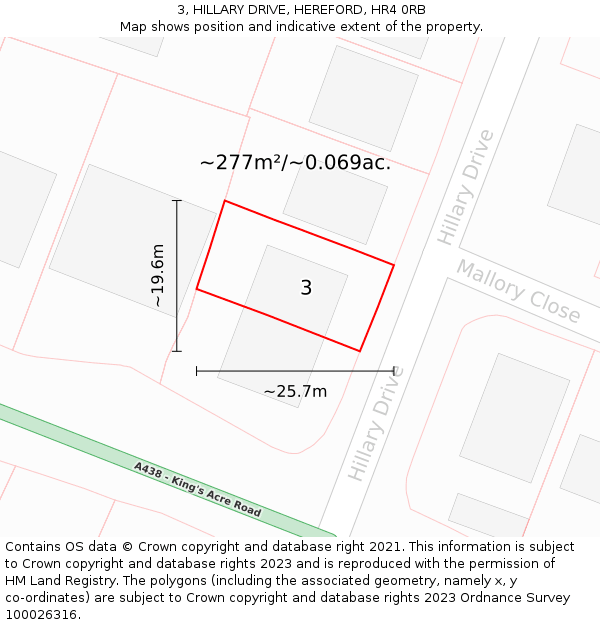3, HILLARY DRIVE, HEREFORD, HR4 0RB: Plot and title map