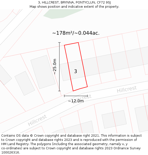 3, HILLCREST, BRYNNA, PONTYCLUN, CF72 9SJ: Plot and title map