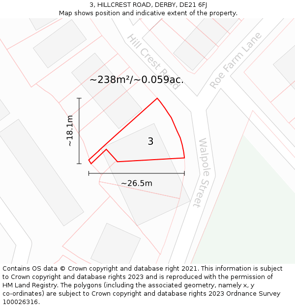 3, HILLCREST ROAD, DERBY, DE21 6FJ: Plot and title map