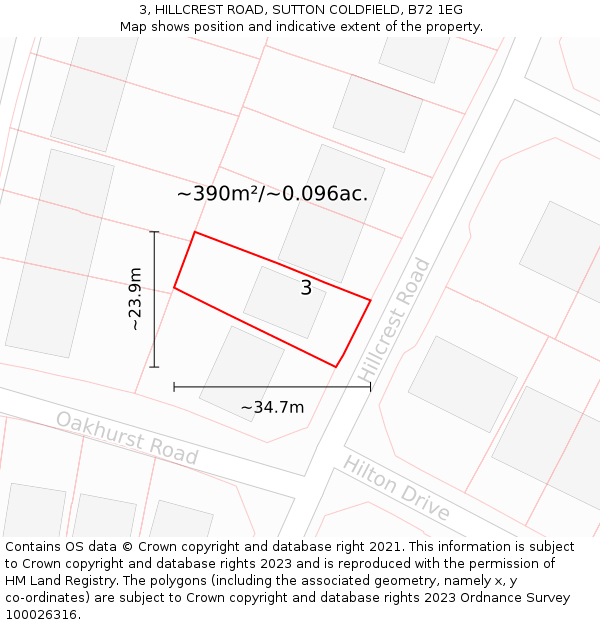 3, HILLCREST ROAD, SUTTON COLDFIELD, B72 1EG: Plot and title map
