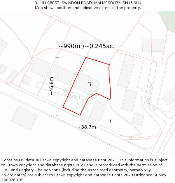 3, HILLCREST, SWINDON ROAD, MALMESBURY, SN16 9LU: Plot and title map