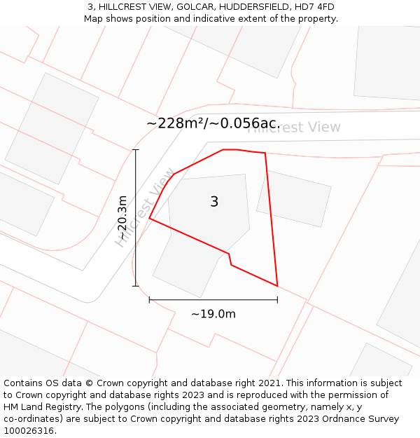 3, HILLCREST VIEW, GOLCAR, HUDDERSFIELD, HD7 4FD: Plot and title map
