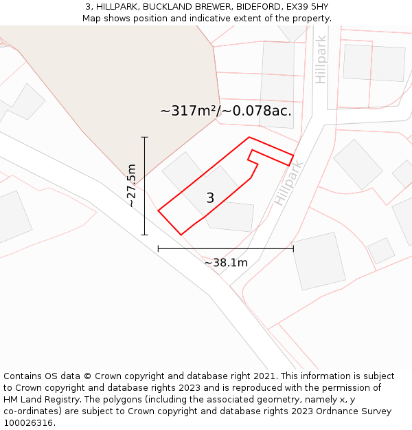 3, HILLPARK, BUCKLAND BREWER, BIDEFORD, EX39 5HY: Plot and title map