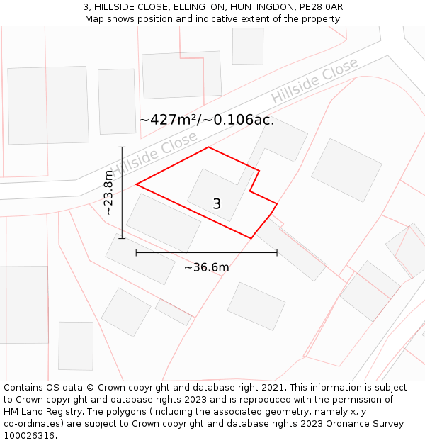3, HILLSIDE CLOSE, ELLINGTON, HUNTINGDON, PE28 0AR: Plot and title map
