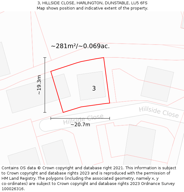 3, HILLSIDE CLOSE, HARLINGTON, DUNSTABLE, LU5 6FS: Plot and title map