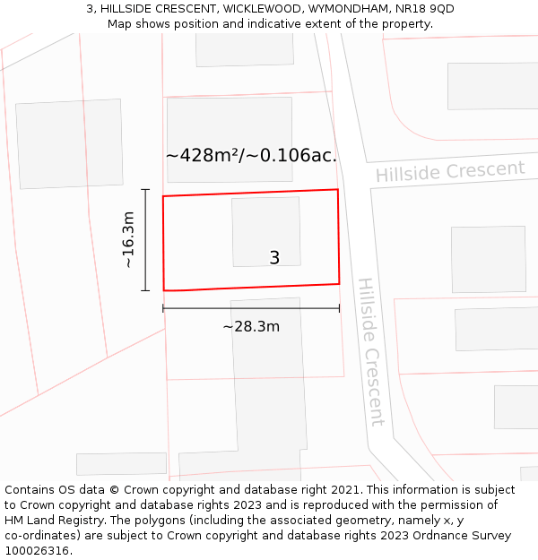 3, HILLSIDE CRESCENT, WICKLEWOOD, WYMONDHAM, NR18 9QD: Plot and title map