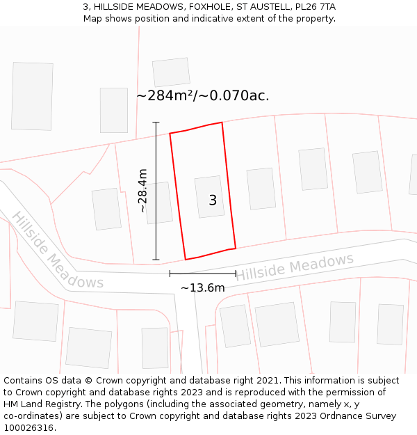 3, HILLSIDE MEADOWS, FOXHOLE, ST AUSTELL, PL26 7TA: Plot and title map