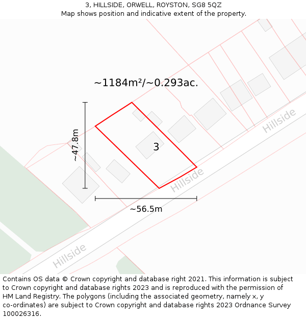 3, HILLSIDE, ORWELL, ROYSTON, SG8 5QZ: Plot and title map