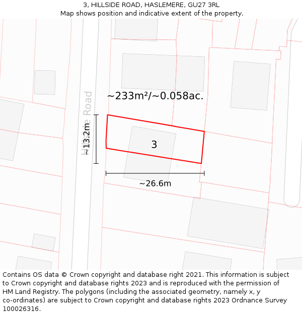 3, HILLSIDE ROAD, HASLEMERE, GU27 3RL: Plot and title map