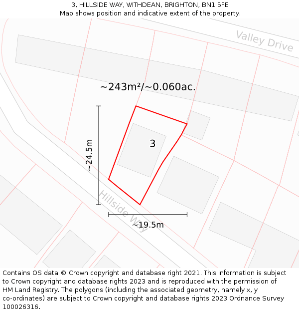 3, HILLSIDE WAY, WITHDEAN, BRIGHTON, BN1 5FE: Plot and title map