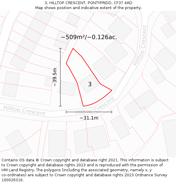 3, HILLTOP CRESCENT, PONTYPRIDD, CF37 4AD: Plot and title map