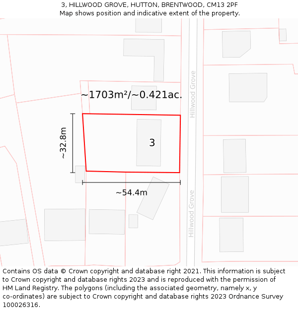 3, HILLWOOD GROVE, HUTTON, BRENTWOOD, CM13 2PF: Plot and title map