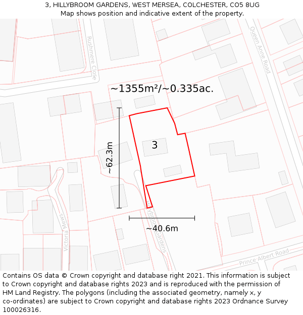 3, HILLYBROOM GARDENS, WEST MERSEA, COLCHESTER, CO5 8UG: Plot and title map
