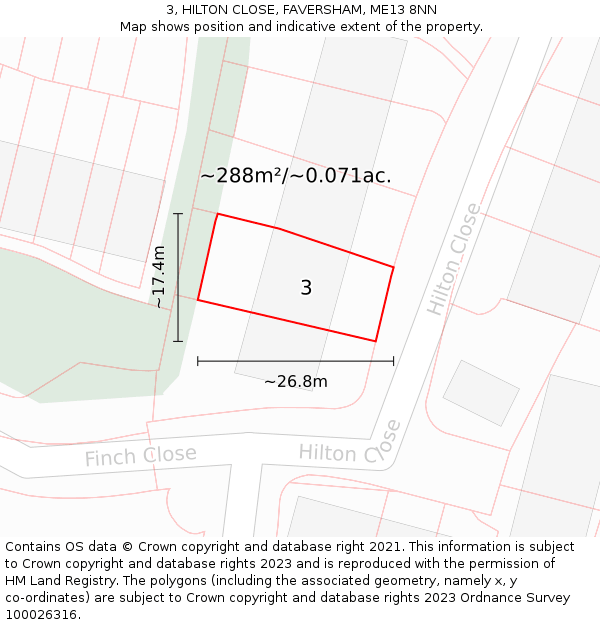 3, HILTON CLOSE, FAVERSHAM, ME13 8NN: Plot and title map