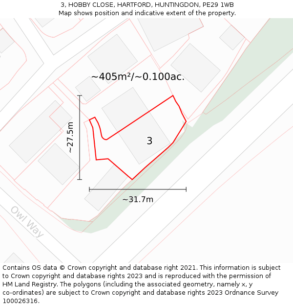 3, HOBBY CLOSE, HARTFORD, HUNTINGDON, PE29 1WB: Plot and title map
