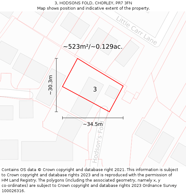 3, HODSONS FOLD, CHORLEY, PR7 3FN: Plot and title map