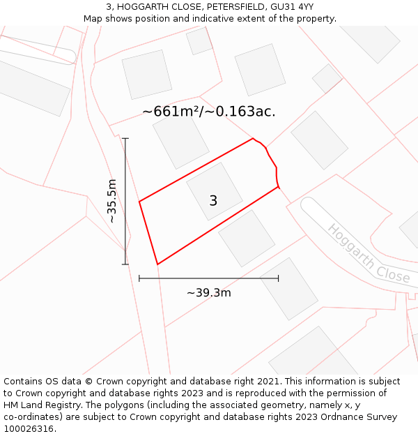 3, HOGGARTH CLOSE, PETERSFIELD, GU31 4YY: Plot and title map