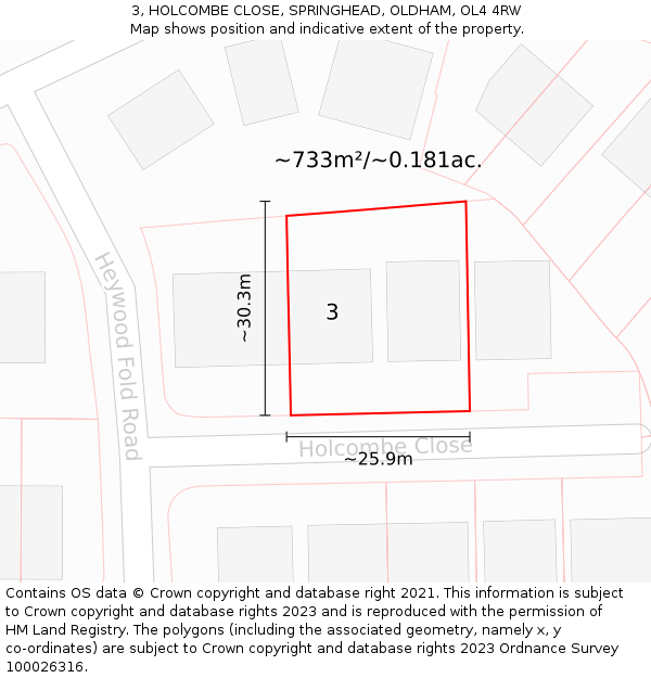 3, HOLCOMBE CLOSE, SPRINGHEAD, OLDHAM, OL4 4RW: Plot and title map