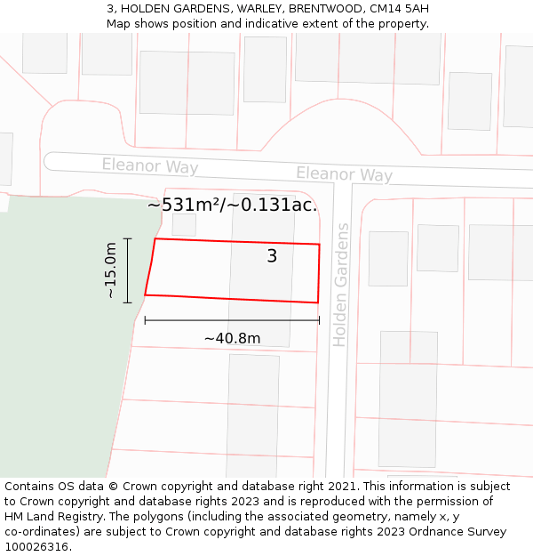 3, HOLDEN GARDENS, WARLEY, BRENTWOOD, CM14 5AH: Plot and title map