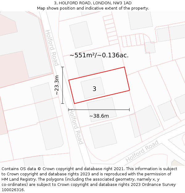 3, HOLFORD ROAD, LONDON, NW3 1AD: Plot and title map